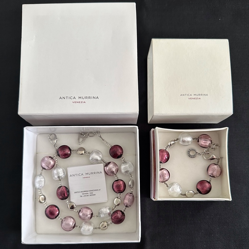 Antica Murrina Purple & White Murano Glass Necklace/Bracelet Set